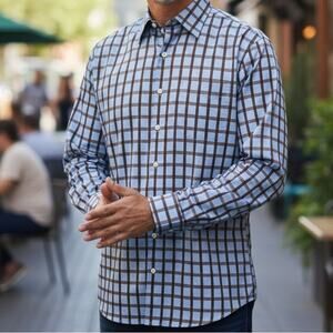 Peter Millar Shirt Men XL Hidden Button down Brown Blue Check Long Sleeve